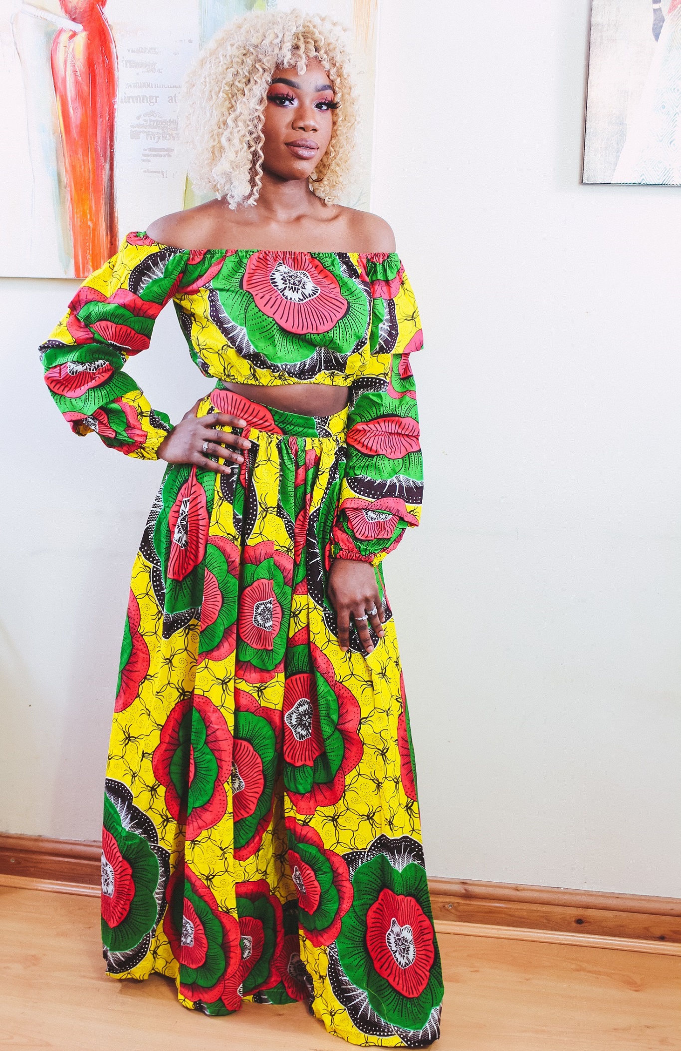 Gloria Agbe in Sunflower 2-piece Ankara Print Crop Top and thigh-High Split Maxi Skirt by Yvonne Irenroa African Fashion