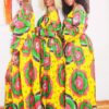 Black Queens in Angelle Fenton in Sunflower 2-piece Ankara Print Crop Top and thigh-High Split Maxi Skirt by Yvonne Irenroa African Fashion