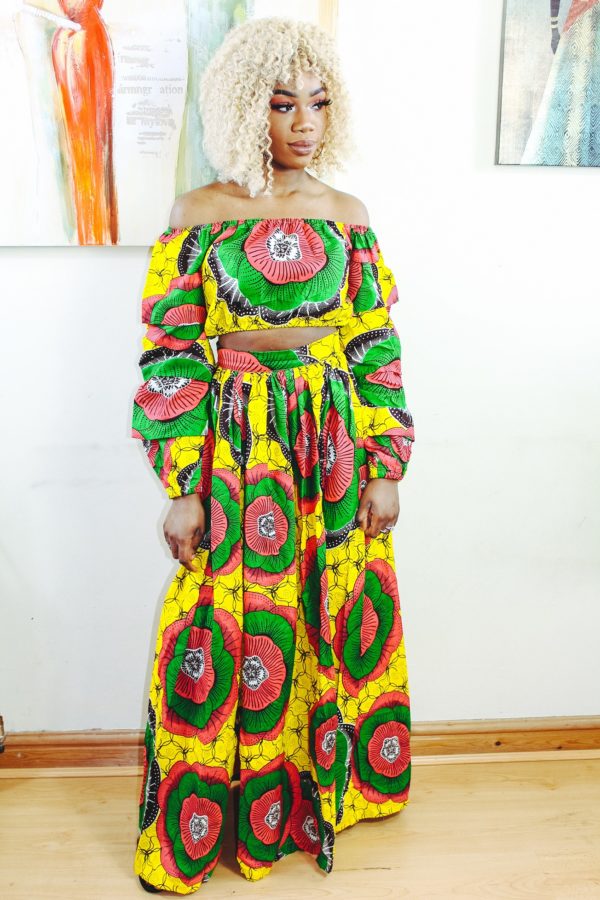 Black Queen in Sunflower 2-piece Ankara Print Crop Top and thigh-High Split Maxi Skirt by Yvonne Irenroa African Fashion